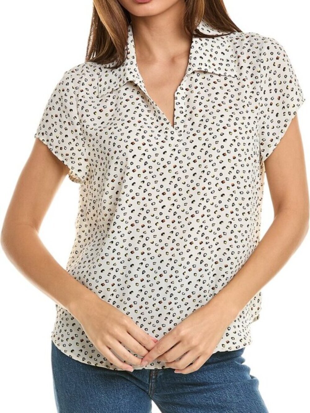 Cabi Pebble top blouse shirt white polka dot short sleeve multi-color new Medium
